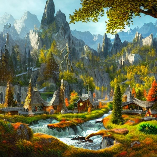 elven city in the mountains with fallwaters, trees , animals, elegant, sunny, impressive, high-detail, digital art, 8K ultra, 3D