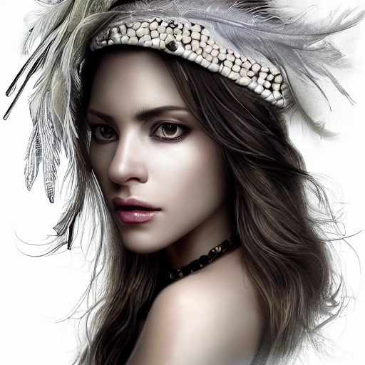 hyper realistic portrait of sexy woman, having a feather cap, a choker and luxurious necklaces, slender and slim, perfect naked breast, detailed eyes, coherent symmetrical face as shakira, digital art, perfect anatomy, hyper detailed, highly intricate, concept art, award winning photograph, rim lighting, sharp focus, 8k resolution wallpaper, smooth, denoise
