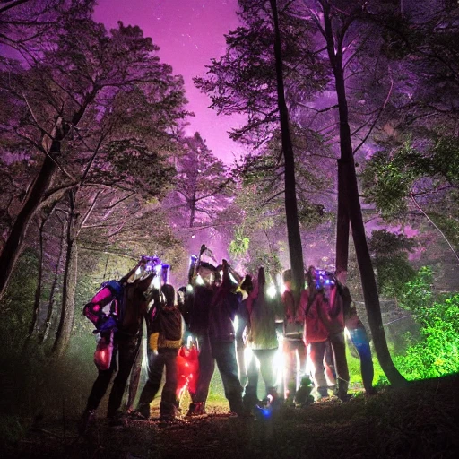 group of people in night forest with flashlights