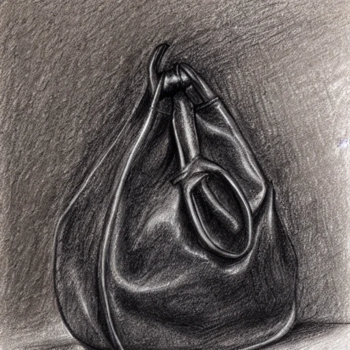 leather bag with knotted, wet, pencil sketch