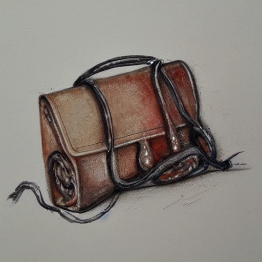 leather bag, knotted, wet, pencil sketch, Oil Painting, Water Color, Trippy