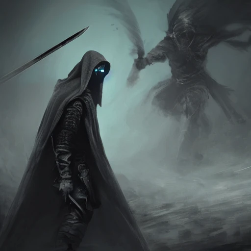 Digital illustration of a battle scene in a void, depicting a fallen aasimar wearing a hooded cloak and battle armor, wielding a longsword, as if it were a cinematic movie poster, by popular artists Ning Zhang and Alan Baker, 4k, clean, realistic face, realistic eyes, highest quality, realistic hands, trending on artstation, masterpiece, the scene should be dark fantasy