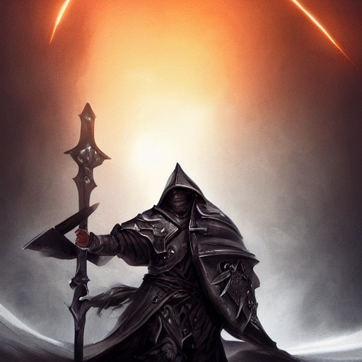 Digital illustration of a battle scene in a void, depicting a fallen aasimar paladin wearing a hooded cloak and battle armor, wielding a longsword, as if it were a cinematic movie poster, by popular artists Ning Zhang and Alan Baker, 4k, clean, realistic face, realistic eyes, highest quality, realistic hands, trending on artstation, masterpiece, the scene should be dark fantasy