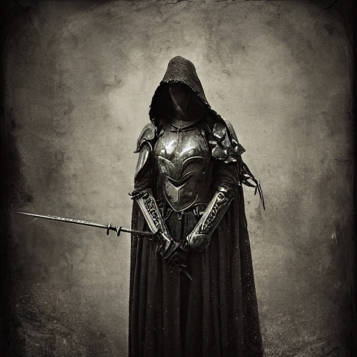 Using the wet plate collodion process, create a detailed and intricate image of a fallen aasimar paladin wearing a hooded cloak and battle armor, wielding a longsword, in a void as if it were a cinematic movie poster. The scene should be cinematic, with a dark fantasy tone. Inspired by the styles of Salvador Dali and Frida Kahlo