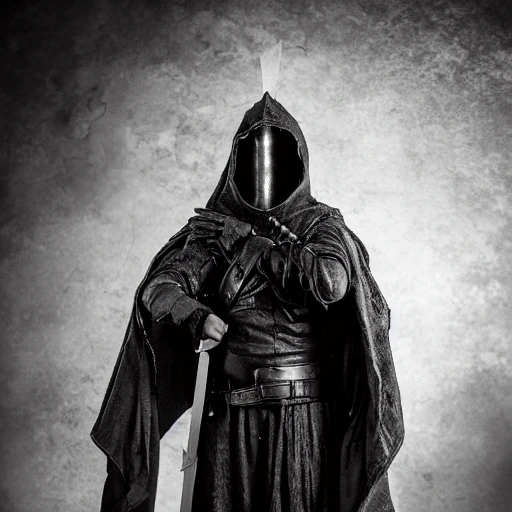 Using the wet plate collodion process, create a detailed and intricate image of a fallen aasimar paladin wearing a hooded cloak and battle armor, wielding a longsword, in a void as if it were a cinematic movie poster. He should have a realistic face mostly covered by the hood with god-like luminous eyes. The scene should be cinematic, with a dark fantasy tone. Inspired by the styles of Salvador Dali and Frida Kahlo