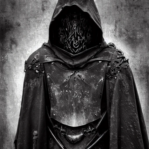Using the wet plate collodion process, create a detailed and intricate image of a fallen aasimar paladin wearing a hooded cloak and battle armor, wielding a longsword, in a void as if it were a cinematic movie poster. He should have a realistic face mostly covered by the hood with god-like luminous eyes. The scene should be cinematic, with a dark fantasy tone. Inspired by the styles of Salvador Dali and Frida Kahlo