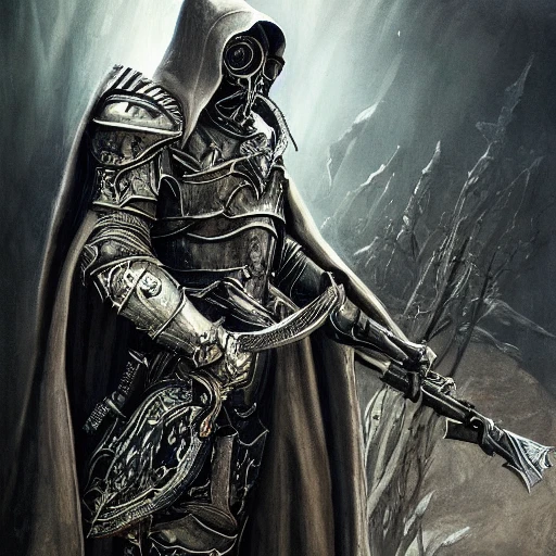 Hard edge painting of a detailed and intricate image of a fallen aasimar paladin wearing a hooded cloak and battle armor, wielding a longsword surrounded by a desolate, post-apocalyptic wasteland, with beautiful lighting and realistic proportions, as if it were a terrifying, cinematic movie, by popular artists H.R. Giger and Zdziscaw Beksinsk. He should have a realistic face mostly covered by the hood with god-like luminous eyes. 4k, clean, realistic face, realistic eyes, highest quality, realistic hands, trending on artstation, masterpiece