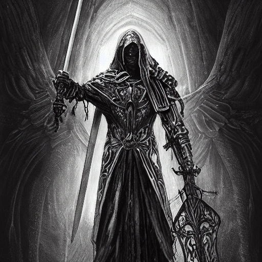 Hard edge painting of a detailed and intricate image of a fallen aasimar paladin wearing a hooded cloak and battle armor, wielding a longsword in a dark void with beautiful lighting and realistic proportions, as if it were a terrifying, cinematic movie, by popular artists H.R. Giger and Zdziscaw Beksinsk. He should have a realistic face mostly covered by the hood with god-like luminous eyes. 4k, clean, realistic face, realistic eyes, highest quality, realistic hands, trending on artstation, masterpiece