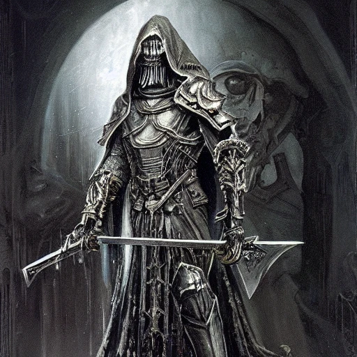 Hard edge painting of a detailed and intricate image of a fallen aasimar paladin wearing a hooded cloak and battle armor, wielding a longsword in a dark void with beautiful lighting and realistic proportions, as if it were a terrifying, cinematic movie, by popular artists H.R. Giger and Zdziscaw Beksinsk. He should have a realistic face mostly covered by the hood with god-like luminous eyes. 4k, clean, realistic face, realistic eyes, highest quality, realistic hands, trending on artstation, masterpiece
