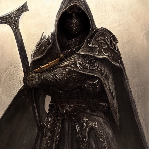 Hard edge painting of a detailed and intricate image of a fallen aasimar paladin wearing a hooded cloak and battle armor, wielding a longsword in a dark void with beautiful lighting and realistic proportions, as if it were a terrifying, cinematic movie, by popular artists Ning Zhang and Alan Baker. He should have a realistic face mostly covered by the hood with god-like luminous eyes. 4k, clean, realistic face, realistic eyes, highest quality, realistic hands, trending on artstation, masterpiece