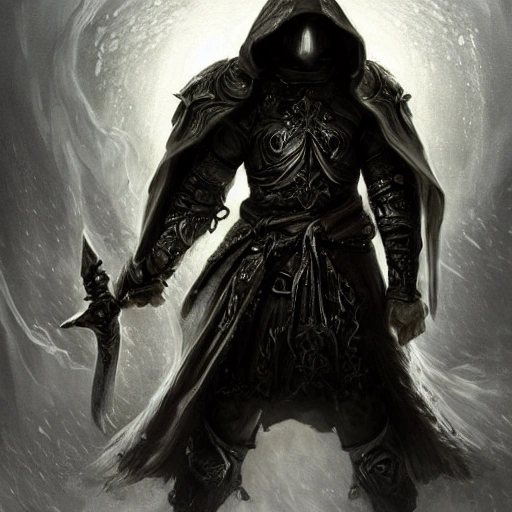 Hard edge painting of a detailed and intricate image of a fallen aasimar paladin wearing a hooded cloak and battle armor, wielding a longsword in a dark void with beautiful lighting and realistic proportions, as if it were a terrifying, cinematic movie, by popular artists Ning Zhang and Alan Baker. He should have a realistic face mostly covered by the hood with god-like luminous eyes. 4k, clean, realistic face, realistic eyes, highest quality, realistic hands, trending on artstation, masterpiece