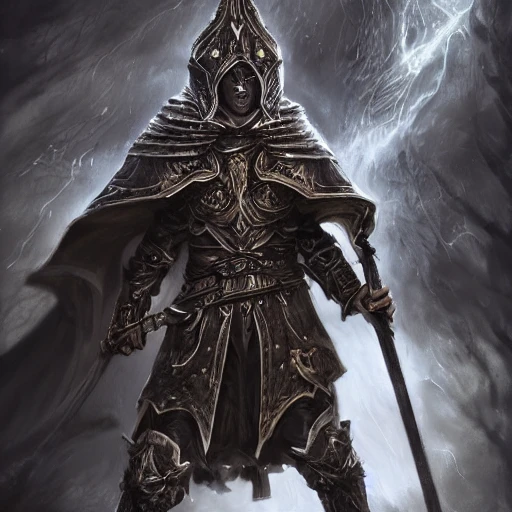 Hard edge painting of a detailed and intricate image of a fallen aasimar paladin wearing a hooded cloak and battle armor, wielding a longsword in a dark void with beautiful lighting and realistic proportions, as if it were a terrifying, cinematic movie, by popular artists Ning Zhang and Alan Baker. He should have a realistic face with god-like luminous eyes. 4k, clean, realistic face, realistic eyes, highest quality, realistic hands, trending on artstation, masterpiece