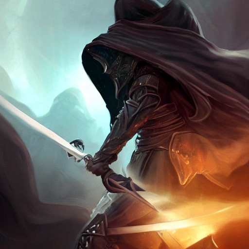 Digital illustration of a battle scene in a void, depicting a fallen aasimar wearing a hooded cloak and battle armor, wielding a longsword, as if it were a cinematic movie poster, by popular artists Ning Zhang and Alan Baker, 4k, clean, realistic face, bright luminous eyes, highest quality, realistic hands, trending on artstation, masterpiece, the scene should be dark fantasy