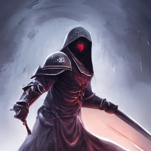 Digital illustration of a battle scene in a void, depicting a fallen aasimar wearing a hooded cloak and battle armor, wielding a longsword, as if it were a cinematic movie poster, by popular artists Ning Zhang and Alan Baker, 4k, clean, realistic face, bright luminous eyes, highest quality, realistic hands, trending on artstation, masterpiece, the scene should be dark fantasy