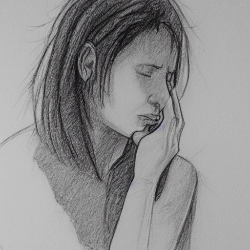 A woman is crying and is facing the wall. Outline drawing, character with  the emotion of sadness, grief, anxiety and depression. Free space for text,  sketch of woman with long hair Stock