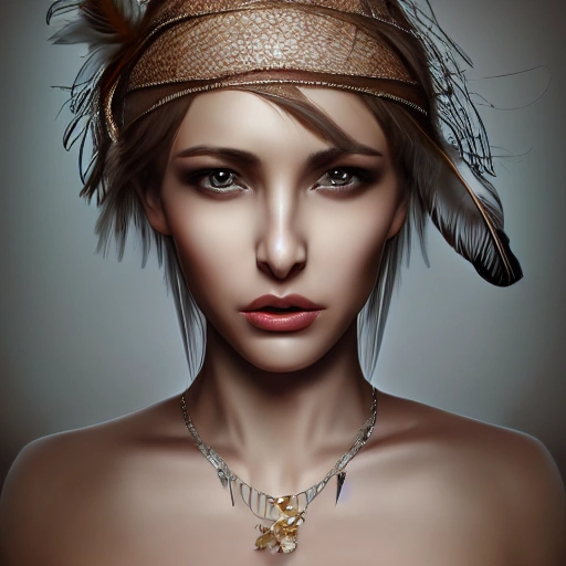 hyper realistic portrait of sexy girl, having a feather cap, a choker and luxurious necklaces, slender and slim, perfect naked breast, detailed eyes, coherent symmetrical face, digital art, perfect anatomy, hyper detailed, highly intricate, concept art, award winning photograph, rim lighting, sharp focus, 8k resolution wallpaper, smooth, denoise