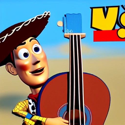 Woody character from Toy Story playing the guitar 3d cartoon 4k