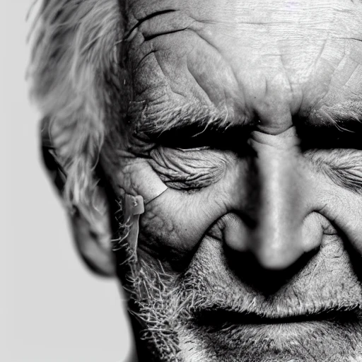 photo, scarred old man blind (cataracts) unshaven, (whole face), backlit {hard rim lighting}
((ultra realistic)), hyper detailed, greyscale, 8k resolution, (grainy)