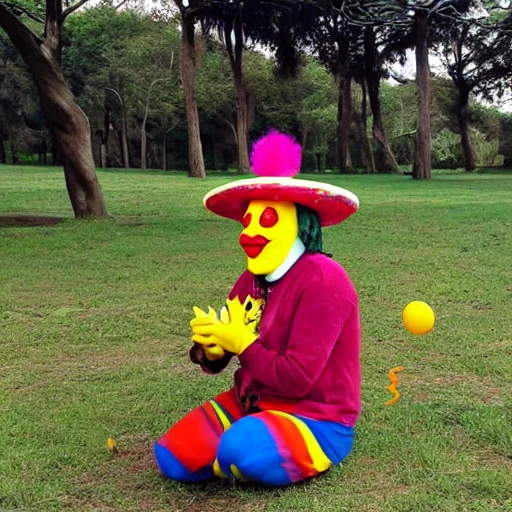 Payaso comiéndose un durum en un parque