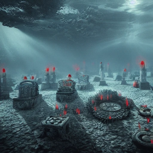 Underwater cemetery, all calm and quiet, dark fantasy style, some crimson lighting, ultra detailed, volumetric light, masterpiece, octane render, 4k, post-production, award winning photo, Deviant art, Trippy