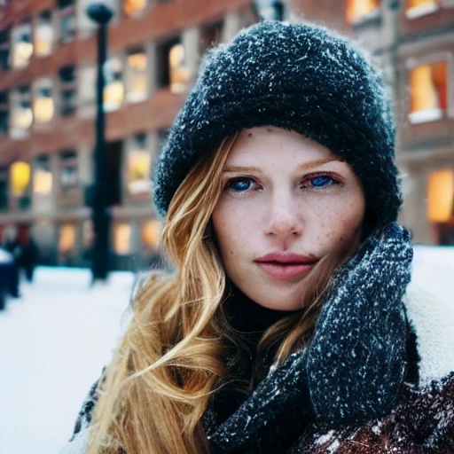 professional portrait photograph of a gorgeous Norwegian girl in winter clothing with long wavy blonde hair, sultry flirty look, (freckles), gorgeous symmetrical face, cute natural makeup, wearing elegant warm winter fashion clothing, ((standing outside in snowy city street)), stunning modern urban environment, ultra realistic, concept art, elegant, highly detailed, intricate, sharp focus, depth of field, f/1.8, 85mm, medium shot, mid shot, (((professionally color graded))), bright soft diffused light, (volumetric fog), trending on instagram, hdr 4k, 8k