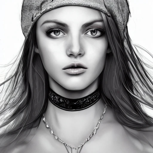 hyper realistic portrait of sexy girl, having a feather cap, a choker and luxurious necklaces, slender and slim, perfect naked breast, detailed eyes, coherent symmetrical face, digital art, perfect anatomy, hyper detailed, highly intricate, concept art, award winning photograph, rim lighting, sharp focus, 8k resolution wallpaper, smooth, denoise