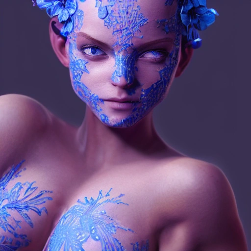 upper-body shot, 1beautiful woman, pretty face, perfect naked breast, colorful flower patterns, detailed blue eyes, extremely detailed, intricate, olumetric lighting, hyper realistic, concept art, awarding winning photography, octane render