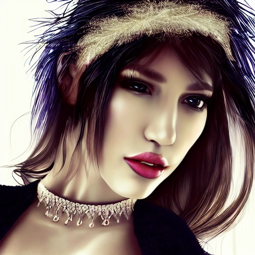 hyper realistic portrait of sexy girl, having a feather cap, a choker and luxurious necklaces, slender and slim, perfect naked breast, detailed eyes, coherent symmetrical face, digital art, perfect anatomy, hyper detailed, highly intricate, concept art, award winning photograph, rim lighting, sharp focus, 8k resolution wallpaper, smooth, denoise