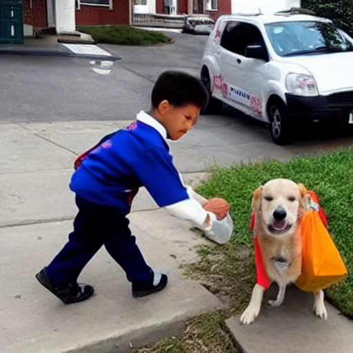 A dog delivering food to a little boy getting out of school in his school uniform , Trippy