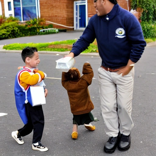 A dog delivering food to a little boy getting out of school in his school uniform, Cartoon