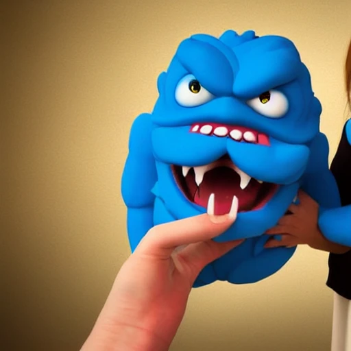 Cartoon 3D render of a cute but angry blue monster being held by a woman lovingly in her arms inside a child's bedroom that is a mess