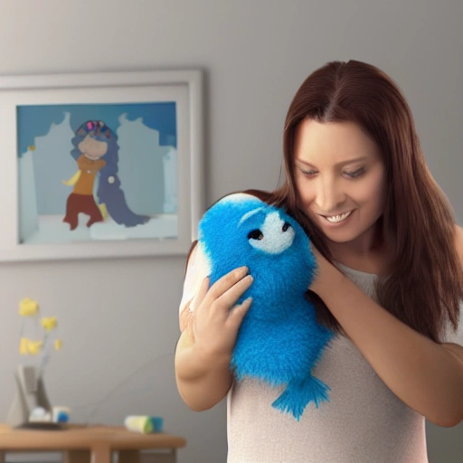 3D render of a woman lovingly holding a cute but angry blue fuzzy monster while standing inside a child's bedroom that is a mess