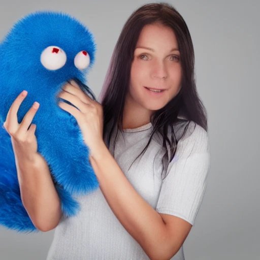 realistic 3D render of a woman lovingly holding a cute but angry blue fuzzy monster while standing inside a child's bedroom that is a mess