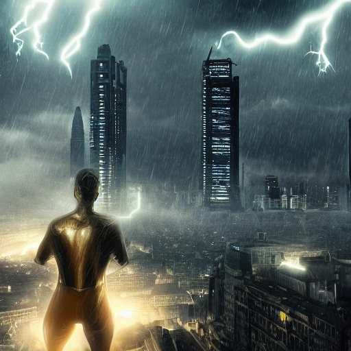 Hero, future, landscape, cityscape, money, ai, city, night, dark ego, crazy high detail, turmoil, storm, war, hyperrealistic, ultrdef, photorealism, dark lights, 8k, unreal, surreal, DC comics
