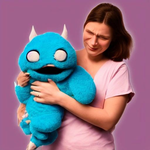 disney style 3d render of a woman lovingly holding a cute but angry blue fuzzy monster while standing inside a child's bedroom that is a mess