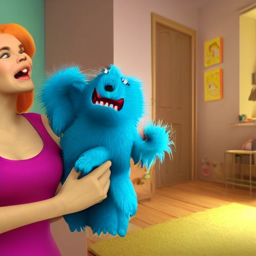 disney style 3d render of a woman lovingly holding a cute but angry blue fuzzy monster while standing inside a child's bedroom that is a mess, Cartoon