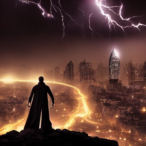 Hero, future, landscape, cityscape, money, ai, city, night, dark ego, crazy high detail, turmoil, storm, war, hyperrealistic, ultrdef, photorealism, dark lights, 8k, unreal, surreal, DC comics
