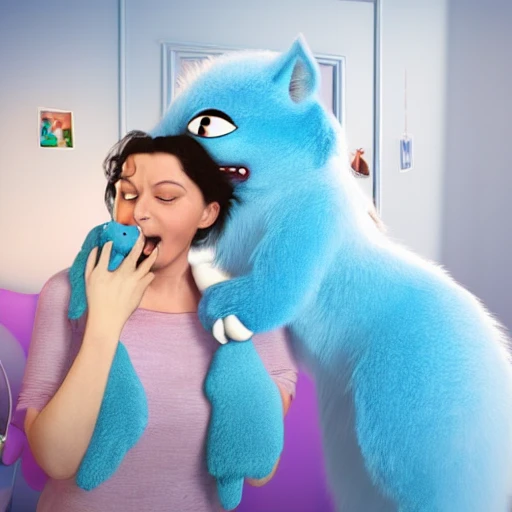 disney style 3d render of a woman lovingly holding a cute but angry blue fuzzy monster while standing inside a child's bedroom that is a mess, Cartoon