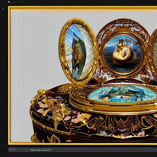 faberge style music box, salvador dali, leonardo davinci, very detailed, wide angle. , Unreal Engine 5, Cinematic, Color Grading, portrait Photography, Ultra-Wide Angle, Depth of Field, hyper-detailed, beautifully color-coded, insane details, intricate details, beautifully color graded, Unreal Engine, Cinematic , Color Grading, Editorial Photography , Photography, Photoshoot, Shot on 70mm lens, DOF, Tilt Blur, Shutter Speed 11000, F22, White Balance, 32k, Super-Resolution, Megapixel, Pro Photo RGB , VR , Lonely, Good, Massive, Half rear Lighting, Backlight, Natural Lighting, Incandescent, Moody Lighting, Cinematic Lighting, Studio Lighting, Soft Lighting, Volumetric, Conte-Jour, Beautiful Lighting, Accent Lighting, Global Illumination, Screen Space Global Illumination, Ray Tracing Global Illumination, Optics, Scattering, Glowing, Shadows, Rough, Shimmering, Ray Tracing Reflections, Lumen Reflections, Screen Space Reflections, 