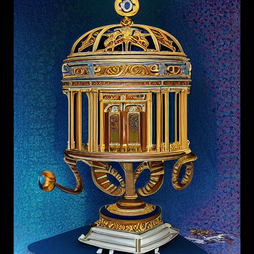 faberge style music box, salvador dali, leonardo davinc, 
very detailed, wide angle. , Unreal Engine 5, Cinematic, Color Grading, portrait Photography, Ultra-Wide Angle, Depth of Field, hyper-detailed, beautifully color-coded, insane details, intricate details, beautifully color graded, Unreal Engine, Cinematic , Color Grading, Editorial Photography , Photography, Photoshoot, Shot on 70mm lens, DOF, Tilt Blur, Shutter Speed 11000, F22, White Balance, 32k, Super-Resolution, Megapixel, Pro Photo RGB , VR , Lonely, Good, Massive, Half rear Lighting, Backlight, Natural Lighting, Incandescent, Moody Lighting, Cinematic Lighting, Studio Lighting, Soft Lighting, Volumetric, Conte-Jour, Beautiful Lighting, Accent Lighting, Global Illumination, Screen Space Global Illumination, Ray Tracing Global Illumination, Optics, Scattering, Glowing, Shadows, Rough, Shimmering, Ray Tracing Reflections, Lumen Reflections, Screen Space Reflections, Diffraction Grading, Chromatic Aberration, GB Displacement, Scan Lines, R a y Traced, Anti-Aliasing, Shaders, OpenGL-Shaders, GLSL-Shaders, Post Processing, Post-Production, Cell Shading, Tone Mapping, CGI, VFX, SFX, insanely detailed and intricate , hyper maximalist , elegant, hyper realistic, super detailed, dynamic pose, photography, Hyper realistic, volumetric, photorealistic, ultra photoreal, ultra-detailed, intricate details, 8K, super detailed, full color