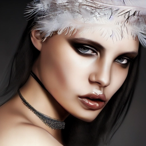 Hyper Realistic Portrait Of Sexy Girl Having A Feather Cap A C