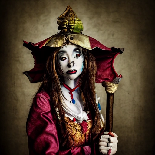 modelshoot style of a woman dressed as a medieval jester, HDR, UHD, D&D style, Dark fantasy, Gritty realism, Ominous, Magical, Ethereal, Photography, Shot on 70mm, Telephoto, Depth of Field, F/2.8, high Contrast, dramatic lighting,