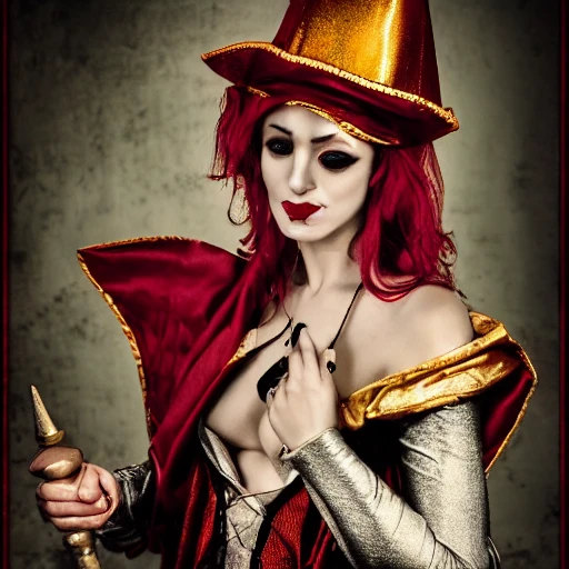 modelshoot style of a woman dressed as a sexy medieval jester, HDR, UHD, D&D style, Dark fantasy, Gritty realism, Ominous, Magical, Ethereal, Photography, Shot on 70mm, Telephoto, Depth of Field, F/2.8, high Contrast, dramatic lighting,