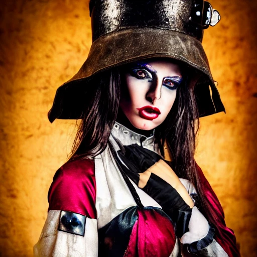 modelshoot style of a woman dressed as a sexy medieval harlequin, HDR, UHD, D&D style, Dark fantasy, Gritty realism, Ominous, Magical, Ethereal, Photography, Shot on 70mm, Telephoto, Depth of Field, F/2.8, high Contrast, dramatic lighting,