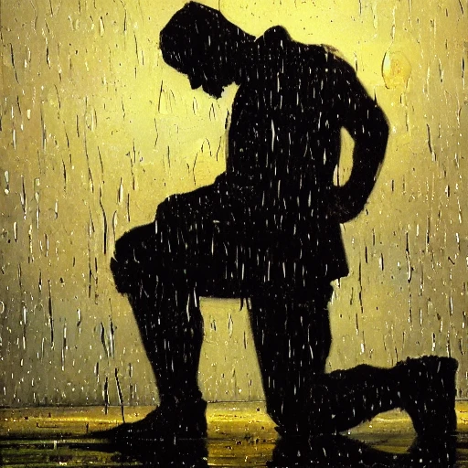 Oil Painting, man, knight, kneeling, rain, dark