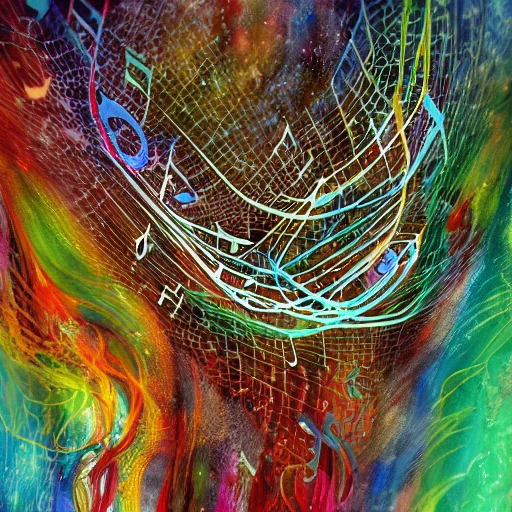 neurons and musical notes inside a tangle of fibers, 3D,,complex,detailed,sd2.0,dof,, dark saturated colors, 4k, 8k fantasy art style, Water Color, Oil Painting