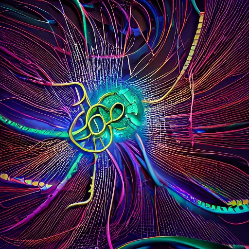 neurons and musical notes inside a tangle of fibers, 3D,,complex,detailed,sd2.0,dof,, dark saturated colors, 4k, 8k fantasy art style, Cartoon