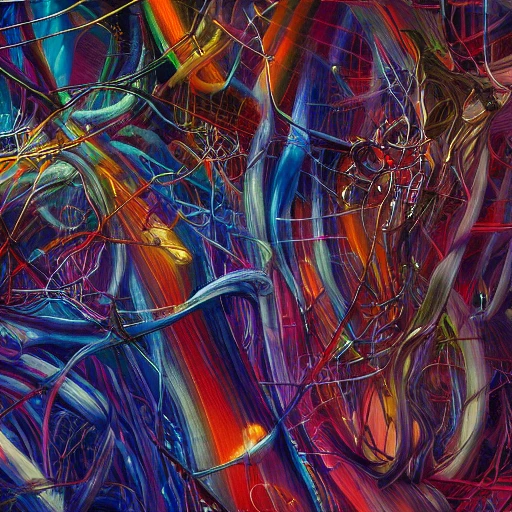 neurons and musical notes inside a tangle of  various thickness fibers,complex,detailed,sd2.0,dof,, dark saturated colors, 4k, 8k fantasy art style, Oil Painting