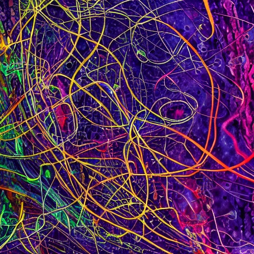 neurons and musical notes inside a tangle of fibers,complex,detailed,dof,dark saturated colors,4k,8k Water Color