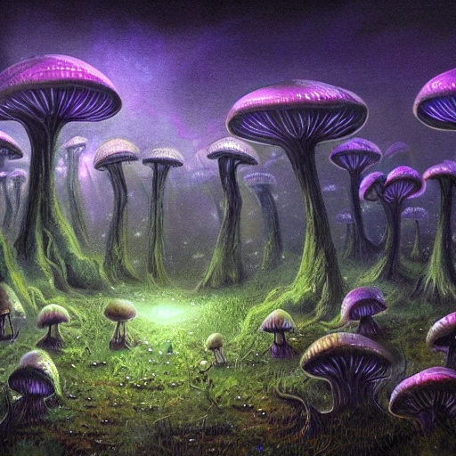 concept art painting of a fantasy alien fungal landscape at night, with glowing dark green lights, glowing dark blue mushrooms, dark purple sky, realistic, detailed, cel shaded